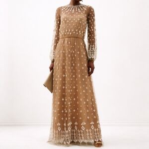 BIYAN Elegant Taupe Lace Maxi Dress, NWT, Embroidery And Pearl Beading, Size M,L